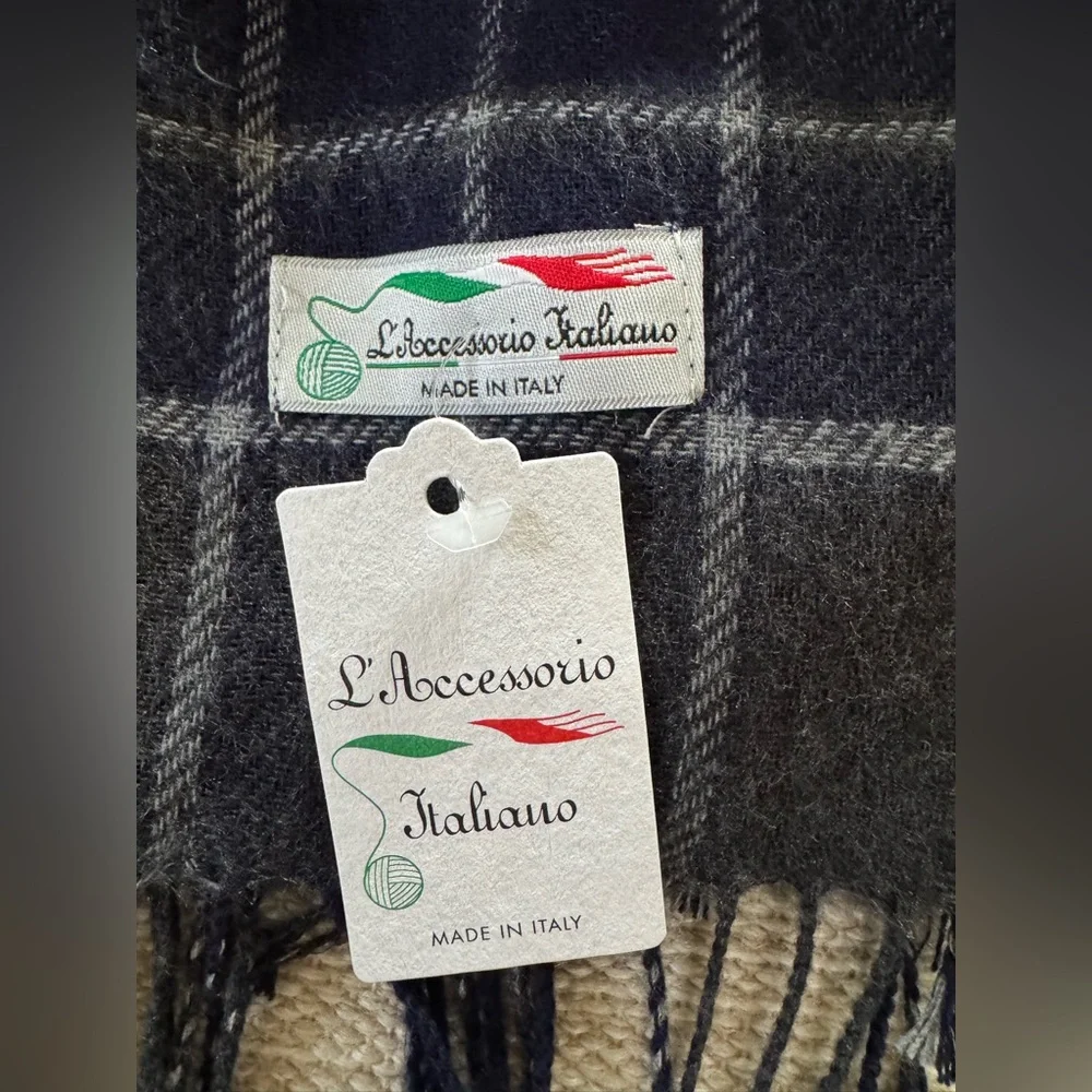 L’Accessorio Italiano blue gray plaid fringe warm‎ winter scarf men’s OS